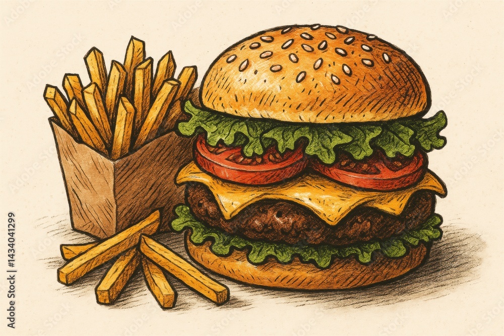 Gourmet Burger and Fries Illustration for Menu Design or Food Poster