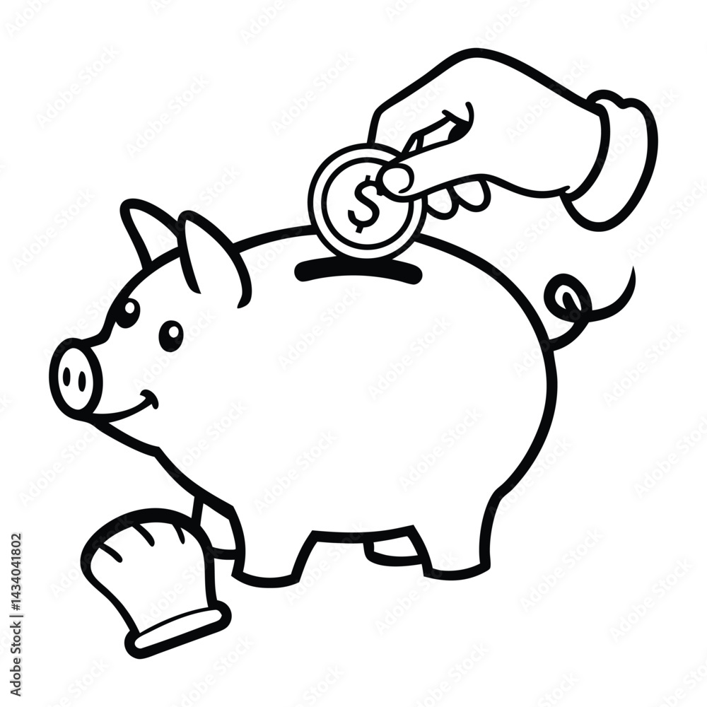 A hand gracefully deposits a gleaming coin into a charming piggy bank A hand gracefully deposits a gleaming coin into a charming piggy bank