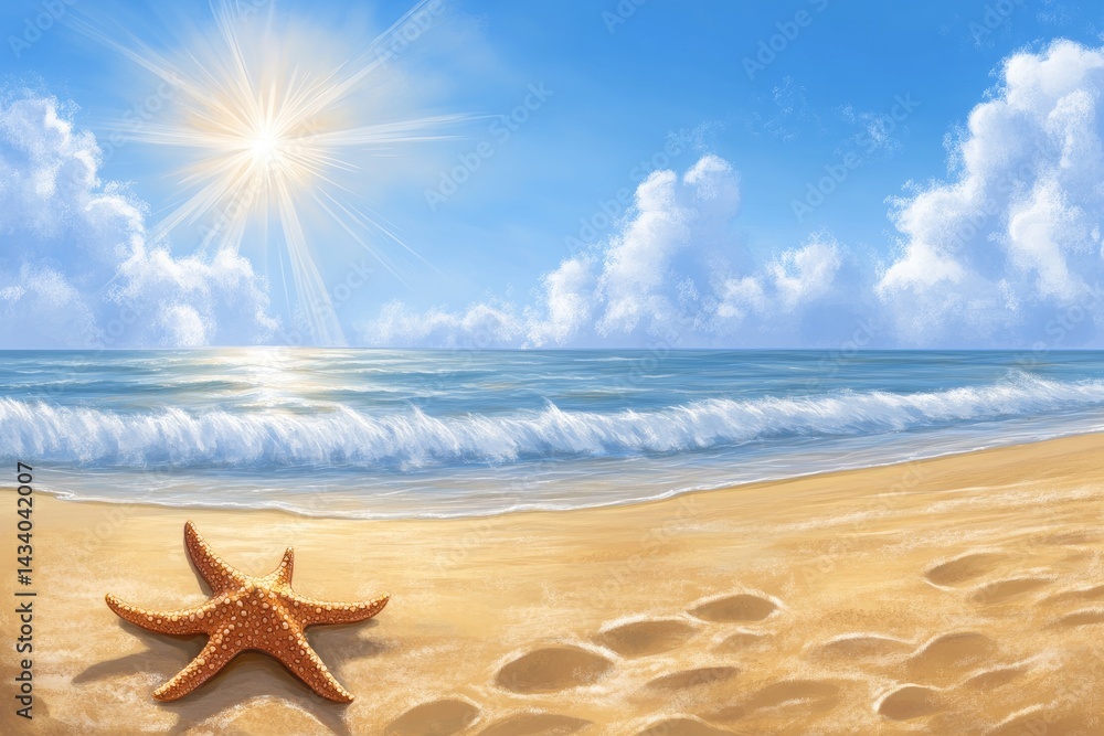 A starfish lies on a sandy beach, with the sun shining and blue sky above A starfish lies on a sandy beach, with the sun shining and blue sky above