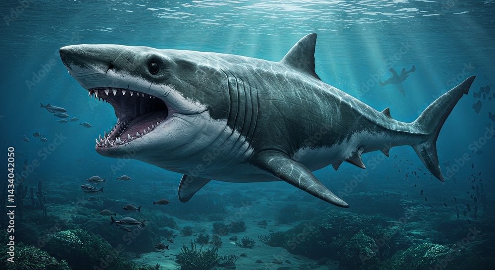 Fototapeta premium Great White's Predatory Emergence, A Majestic Apex Predator Unveiled