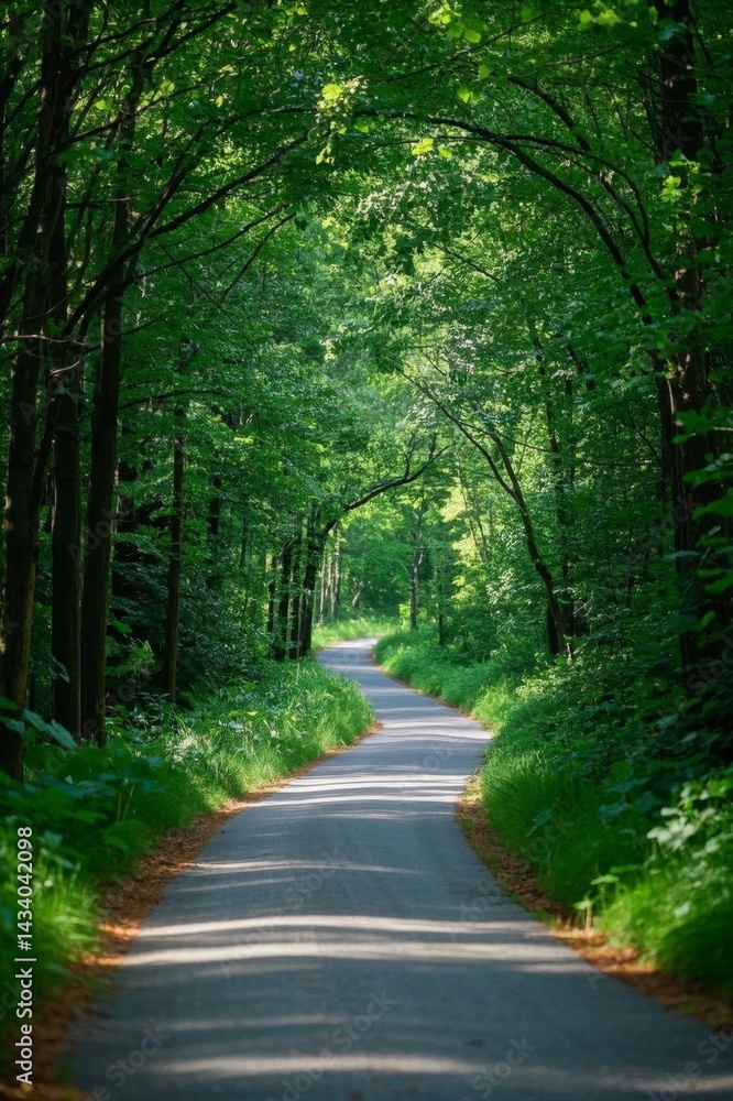 Obraz premium a view of a road through a forest with lots of trees