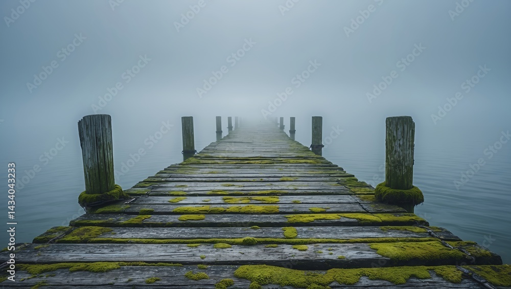 Fototapeta premium Misty horizon over a weathered wooden pier