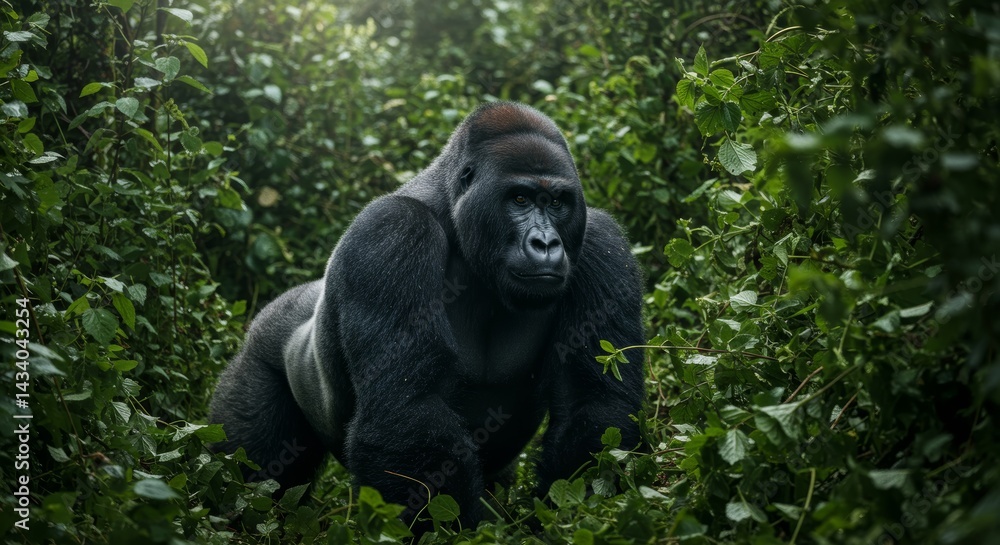 Obraz premium Portrait of a mighty silverback gorilla amidst dense green vegetation