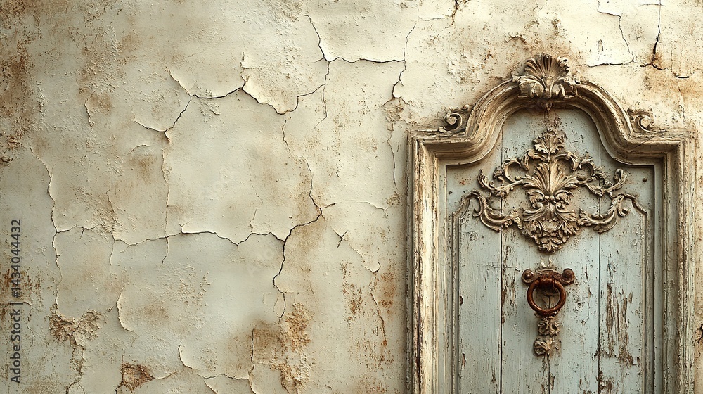 Naklejka premium Ornate Door Detail with Peeling Paint and Decorative Iron Handle