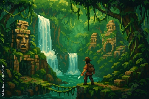Jungle Adventure Scene with Waterfalls and Ancient Ruins for Print or Poster Design