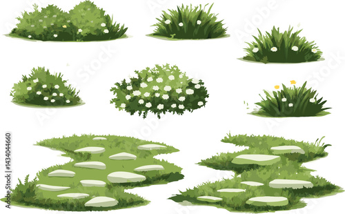 Watercolor painting of a tranquil garden path with stepping stones, wildflowers, and lush grass in a whimsical botanical landscape