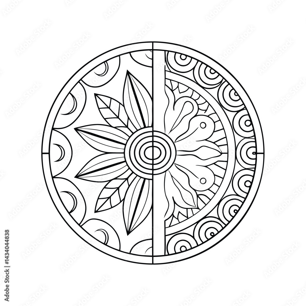 Naklejka premium Circular Mandala Design Half Flower, Half Geometric Pattern
