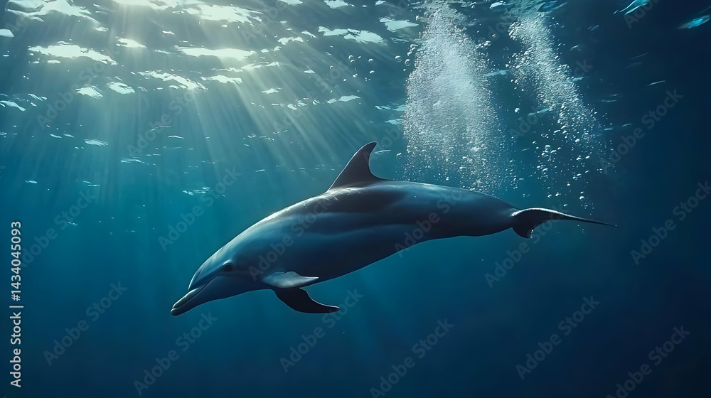 Fototapeta premium Dolphin Swimming Underwater With Sunlight
