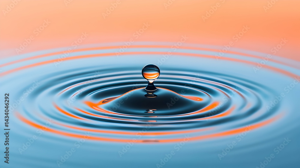 Close-up of Water Droplet Creating Ripples on a Blue and Orange Surface