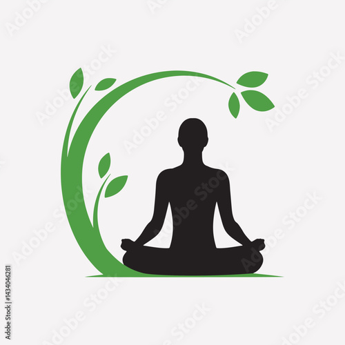  Yoga meditation silhouette with nature leaves background.