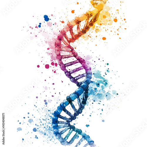 Colorful DNA helix in watercolor style, isolated on a transparent background