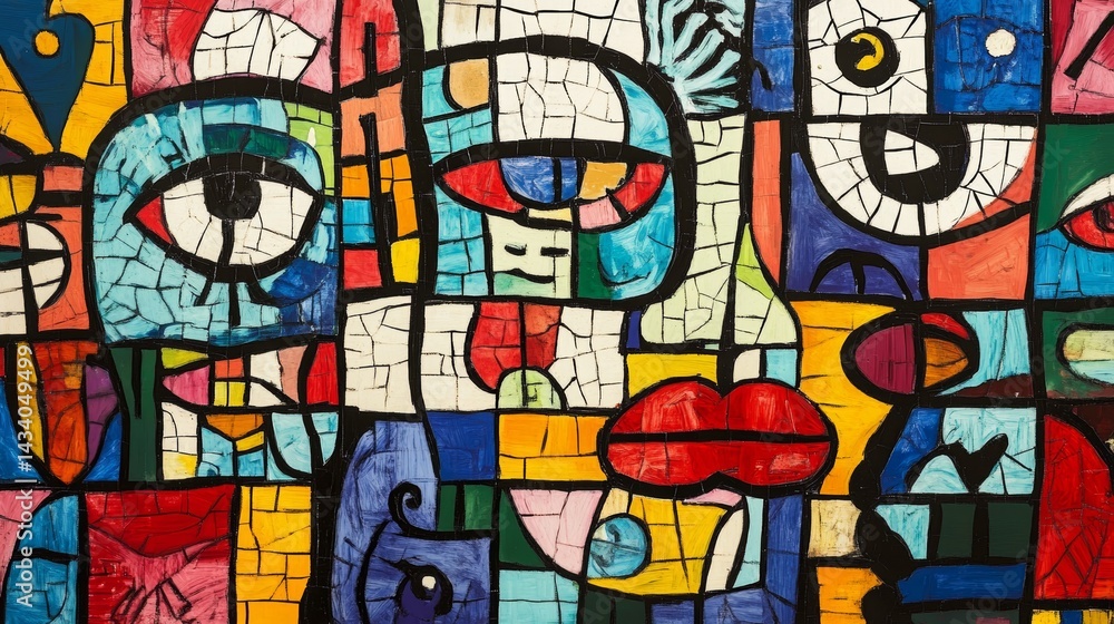 Abstract composition of fractured faces and geometric shapes, vibrant artwork Abstract composition of fractured faces and geometric shapes, vibrant artwork