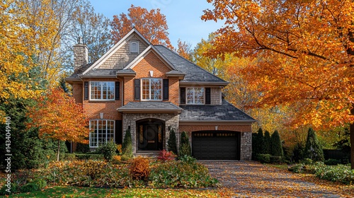 Brick house autumn leaves driveway landscape real estate
