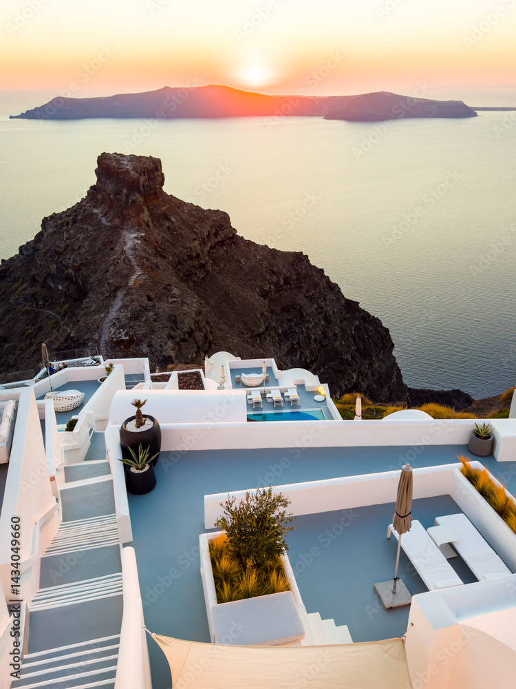 White architecture in Santorini island, Greece. Beautiful seascape at sunset