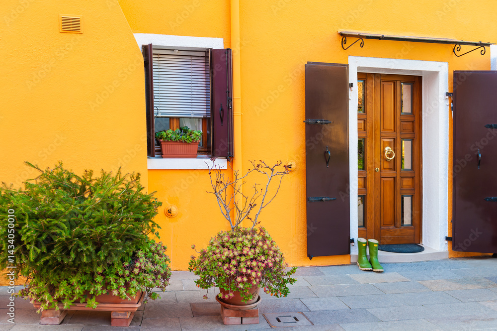 Yellow-painted facade of the house with decorative green flowers. Colorful architecture in Burano island, Venice, Italy.