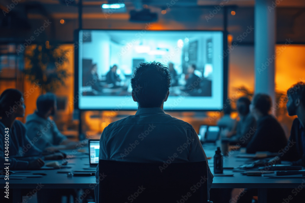A man in a conference room watching a video on a screen. A man in a conference room watching a video on a screen.