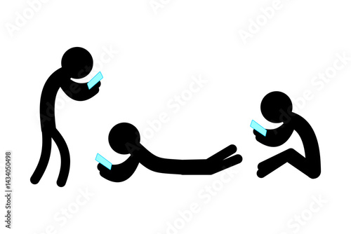 People Using Smartphones While Lying, Sitting, and Walking, Concept of Mobile Phone Addiction.