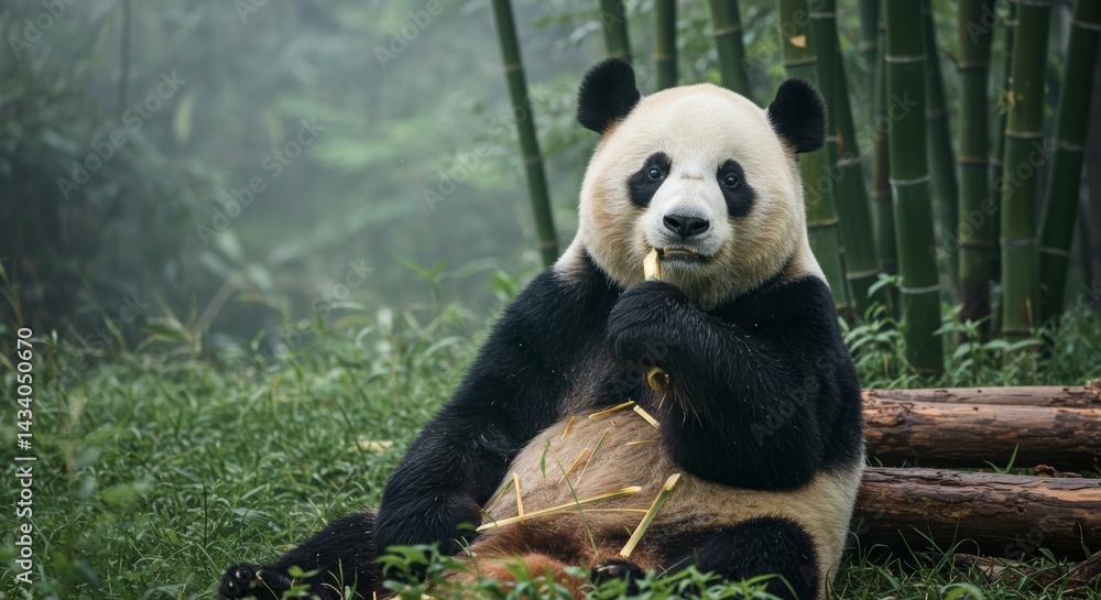 Obraz premium Giant panda amidst bamboo forest enjoying a meal in its natural habitat