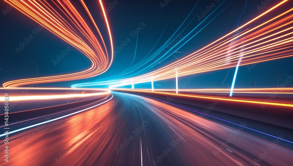 Neon light trails on a futuristic highway Neon light trails on a futuristic highway