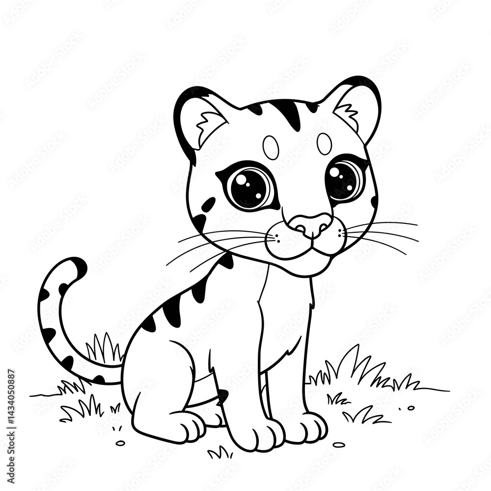 Fototapeta premium Cute cartoon leopard cub sitting in the grass 