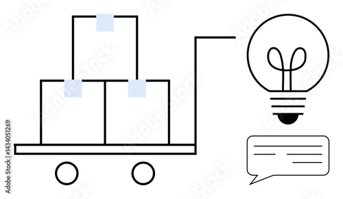 Trolley with boxes representing logistics, lightbulb symbolizing innovation, and speech bubble for communication. Ideal for delivery, teamwork, creativity, brainstorming, idea sharing, supply chain