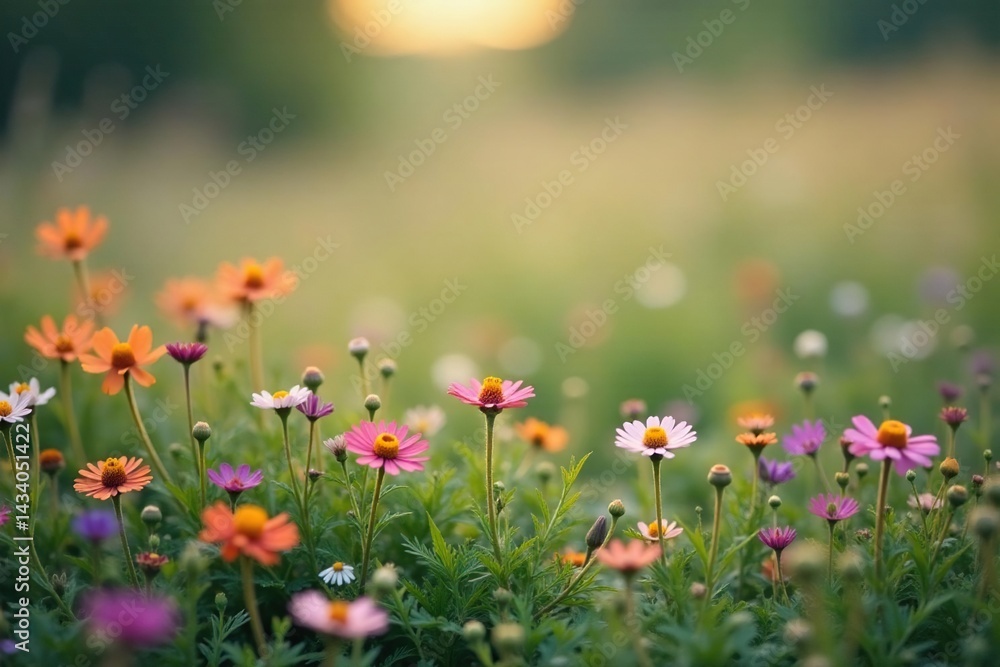 Obraz premium Scattered wildflowers in muted tones, soft focus, simple, flowers