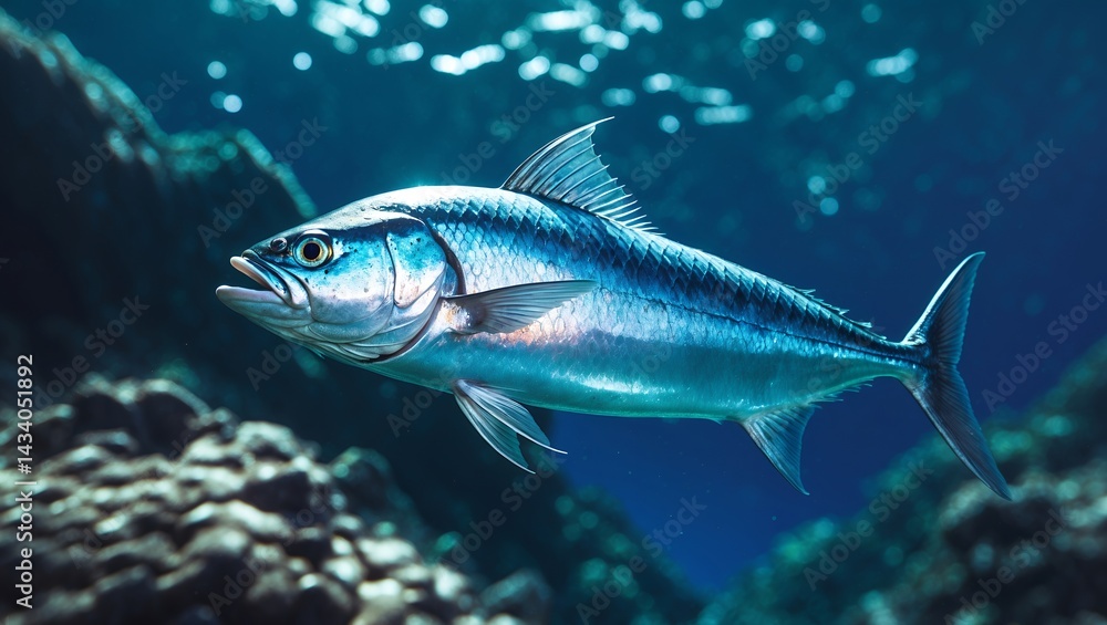 Fototapeta premium Ocean jewel a mackerel dances in sunlit depths