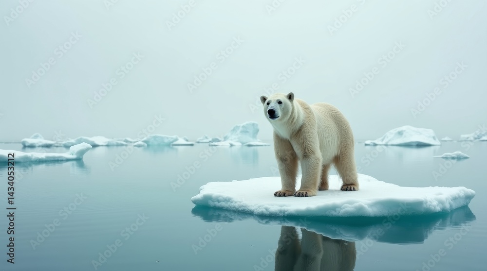 High-resolution stock photo of a majestic polar bear standing alone on a serendipitously placed, fragmented ice floe, surrounded by calm, turquoise-colored Arctic waters, against a soft, overcast grey High-resolution stock photo of a majestic polar bear standing alone on a serendipitously placed, fragmented ice floe, surrounded by calm, turquoise-colored Arctic waters, against a soft, overcast grey