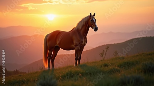 High-resolution stock photo of a majestic horse standing proudly on a lush green hill, bathed in the warm, golden light of a serene sunset, casting a gentle glow on the surrounding landscape, with a s