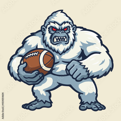 A cartoon yeti with red eyes holding a brown football and looking angry with its teeth showing