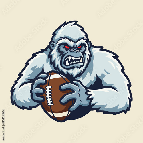 Illustration of a white yeti with red eyes holding a football with an angry expression on its face