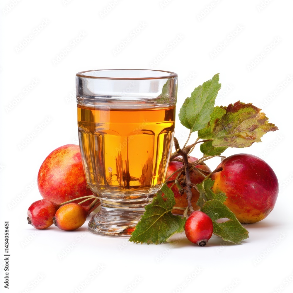 Golden apple juice in glass with fresh red apples and green leaves on white background healthy autumn harvest drink still life photography Golden apple juice in glass with fresh red apples and green leaves on white background healthy autumn harvest drink still life photography