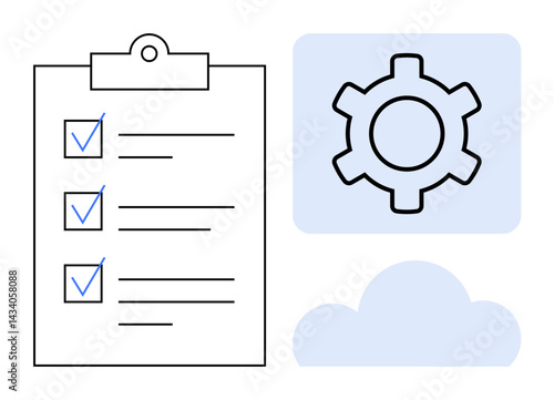Checklist with completed tasks, gear symbolizing settings, and cloud representing digital storage. Ideal for productivity, workflow, organization, planning, cloud computing, task automation simple