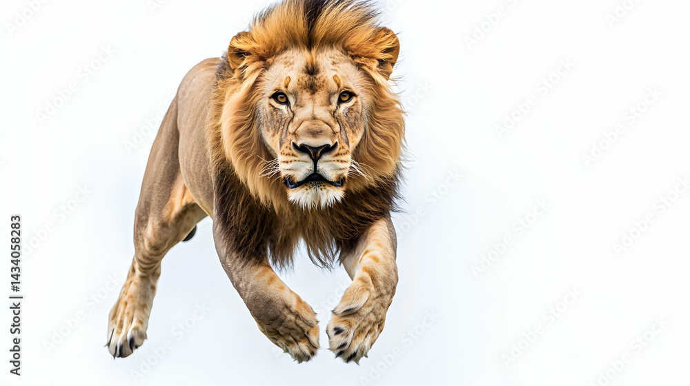 Obraz premium Powerful Lion Jumping Against White Background
