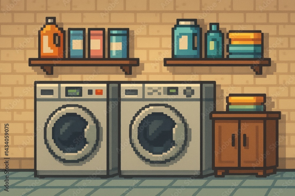 Retro Pixel Art Laundry Room Design for Vintage-Themed Interiors and Home Decor