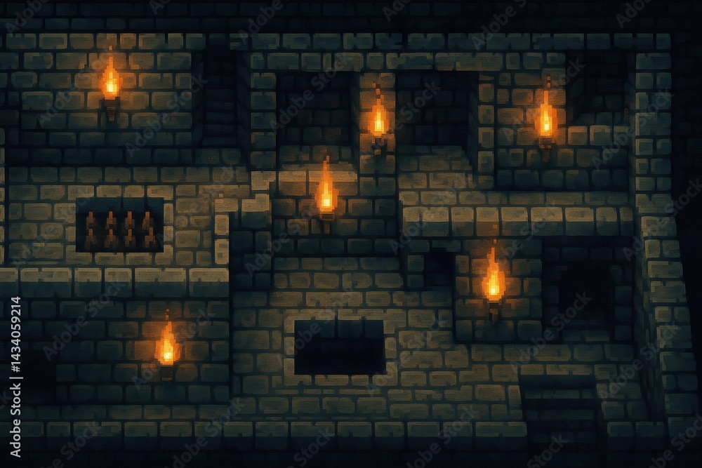 Retro Pixel Dungeon Design with Flickering Torches for Game Graphics and Posters