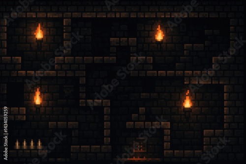 Obraz na płótnie Retro Pixel Dungeon with Flickering Torches for Game Design and Posters w salonie
