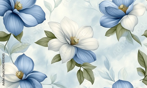 Elegant floral painting with delicate blue white magnolia flowers