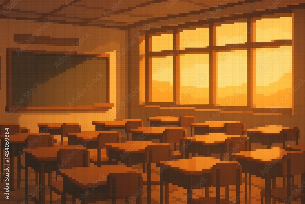 Retro Pixelated Classroom Ambiance at Sunset for Design Projects