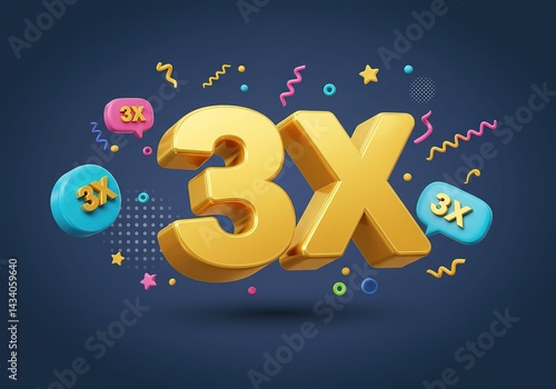 Golden 3X Number with Colorful Celebration Elements on a Dark Blue Background, 3D Render