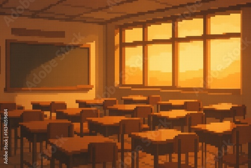 Retro Pixelated Classroom Ambiance at Sunset for Design Projects