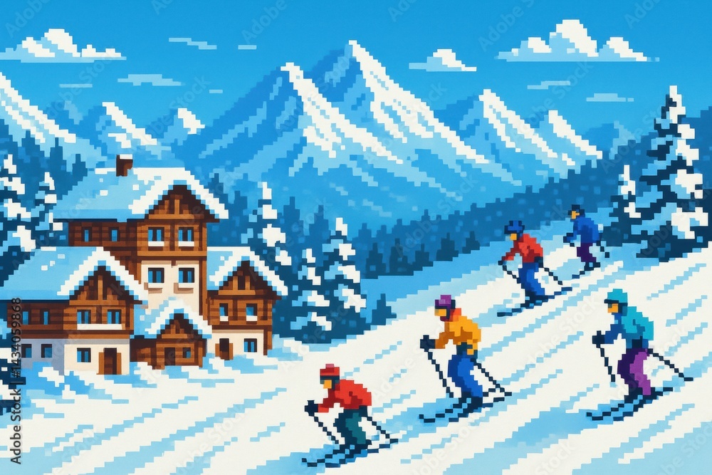 Retro Ski Resort Adventure in Pixel Art for Winter Sports Design