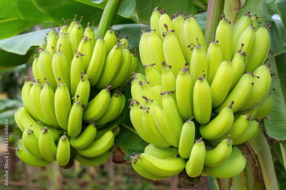 Two Bunches of Unripe Green Bananas Hanging from a Tree in a Tropical Setting Close Up Capturing the Freshness and Natural Beauty of the Fruit Two Bunches of Unripe Green Bananas Hanging from a Tree in a Tropical Setting Close Up Capturing the Freshness and Natural Beauty of the Fruit