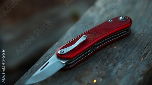 Red Folding Knife on Wooden Surface