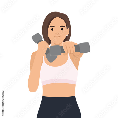 Young woman in workout attire lifts dumbbells with focus and strength, dedication to fitness. Flat vector illustration isolated on white background