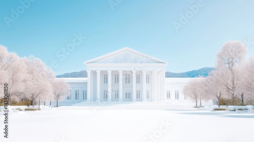 Classic white building in a snowy landscape. Lush trees with pink blossoms frame the structure