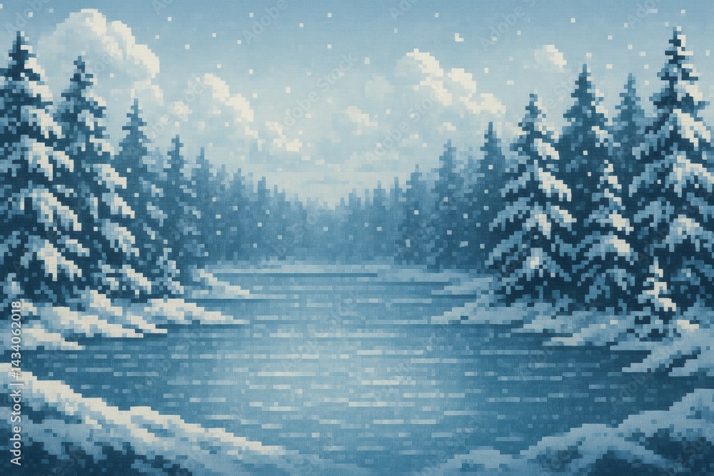Serene Snow-Covered Lake with Pine Trees in Tranquil Winter Scene