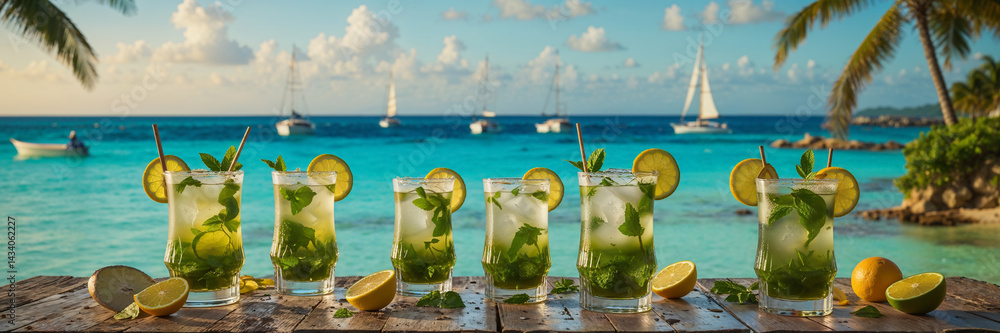Mojito cocktails on a table against the backdrop of a stunning seascape in Cuba