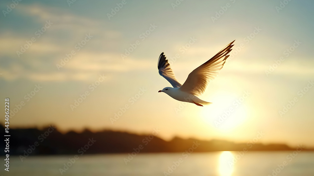 Naklejka premium Seagull In Flight At Sunset
