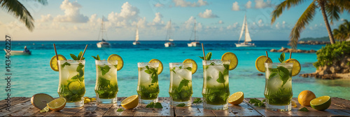 Obraz na płótnie Mojito cocktails on a table against the backdrop of a stunning seascape in Cuba w salonie